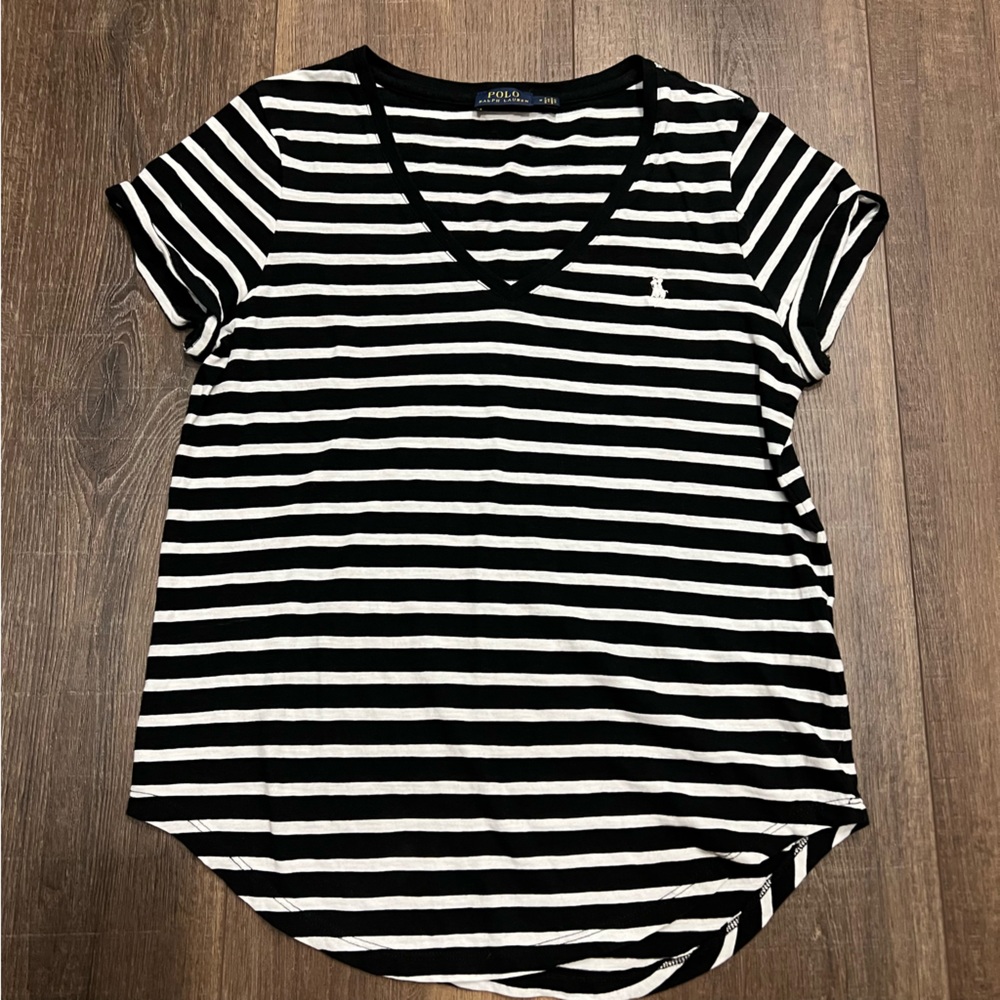 Polo Ralph Lauren Black and White Striped V Neck Tee